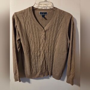 Karen Scott Tan Cable-Knit V-Neck Sweater with Button Placket
